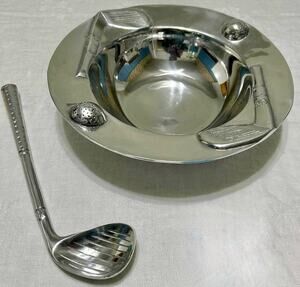Vintage Pewter Golf Bowl w/ Golf Club Spoon Mexico 12" Decorative Sports Gift